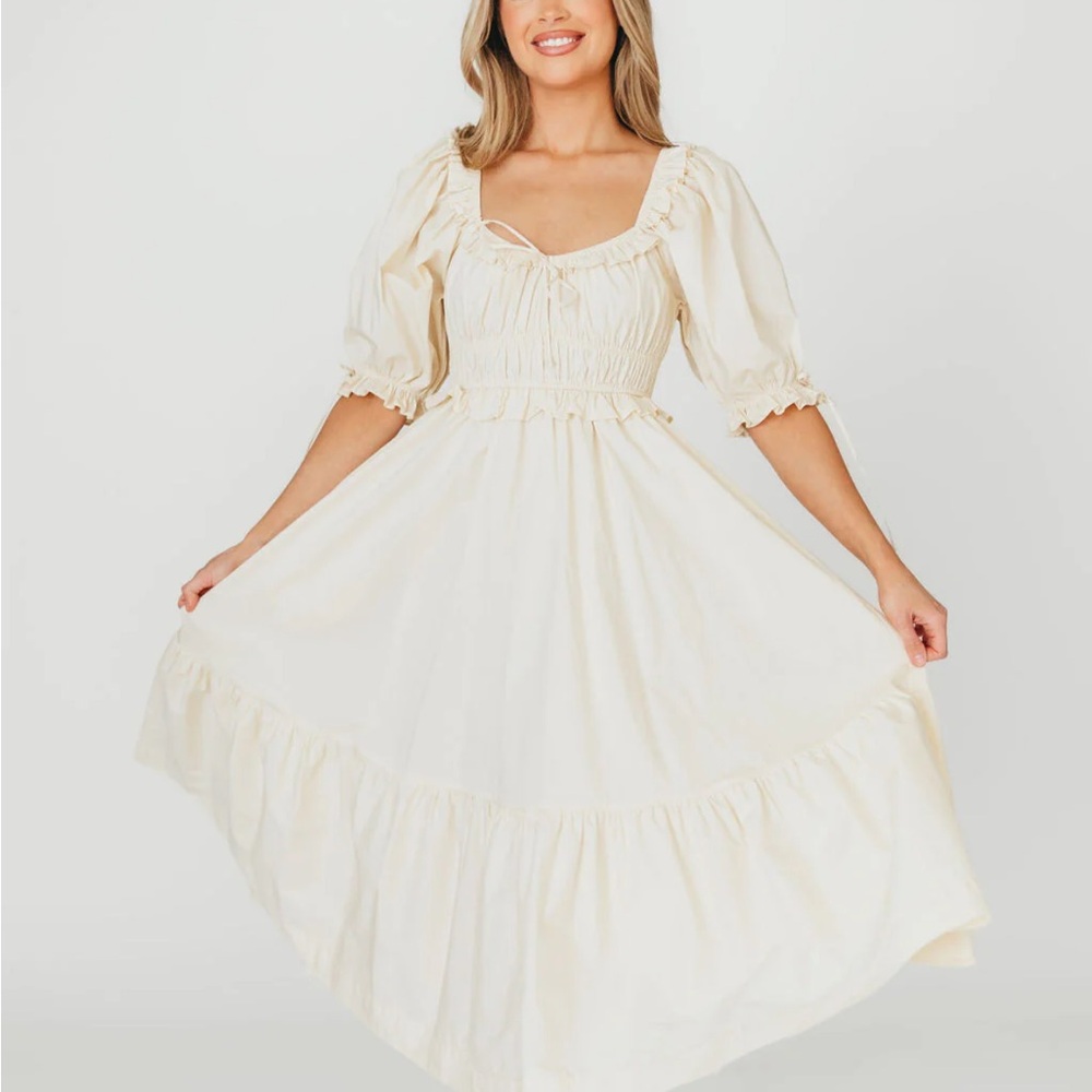 Cream Ruffled Tiered Midi Dress with Puff Sleeves